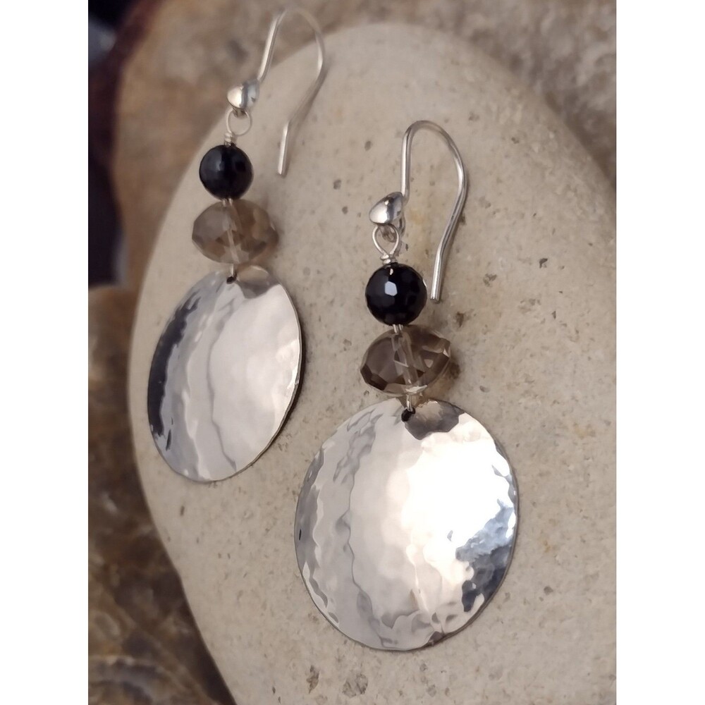 Hammered Sterling Silver Smokey Quartz Crystal Dangle Earrings Vintage